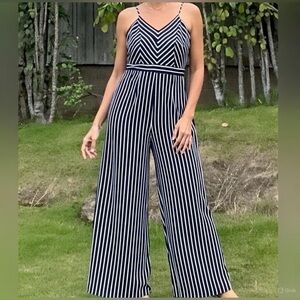 Active USA Black & White V Neck Striped Cami Jumpsuit (L) Tall